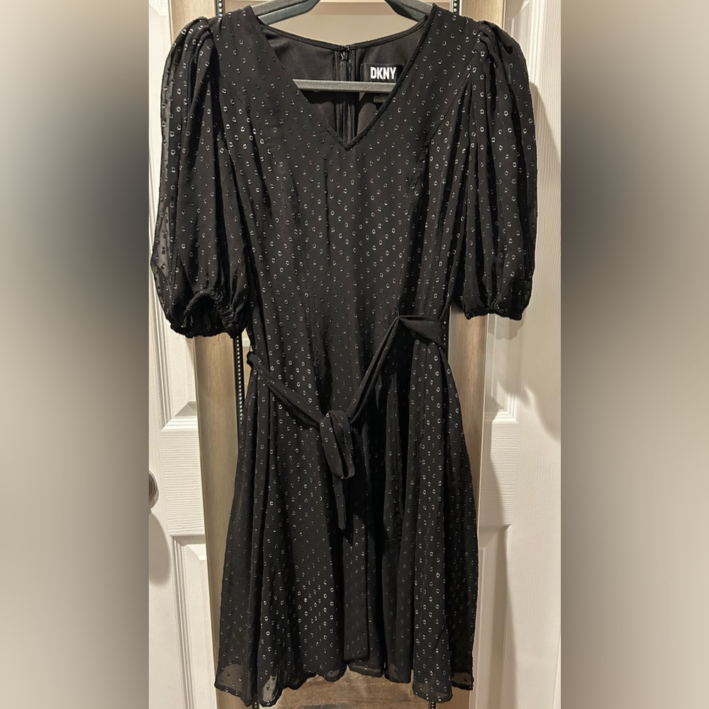 DKNY Black Puff Sleeve Dress with Dot Pattern